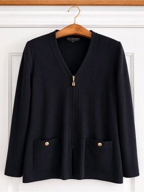 St. John Basics Santana Knit Cardigan Size 6 Black Zip Front Shoulder Pad Jacket